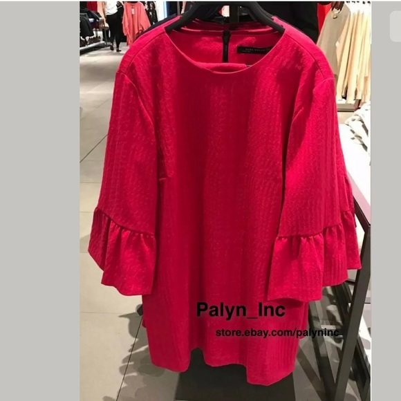 ❤️ZARA FUCHSIA RED DRESS WITH FRILLED SLEEVES - Picture 6 of 10